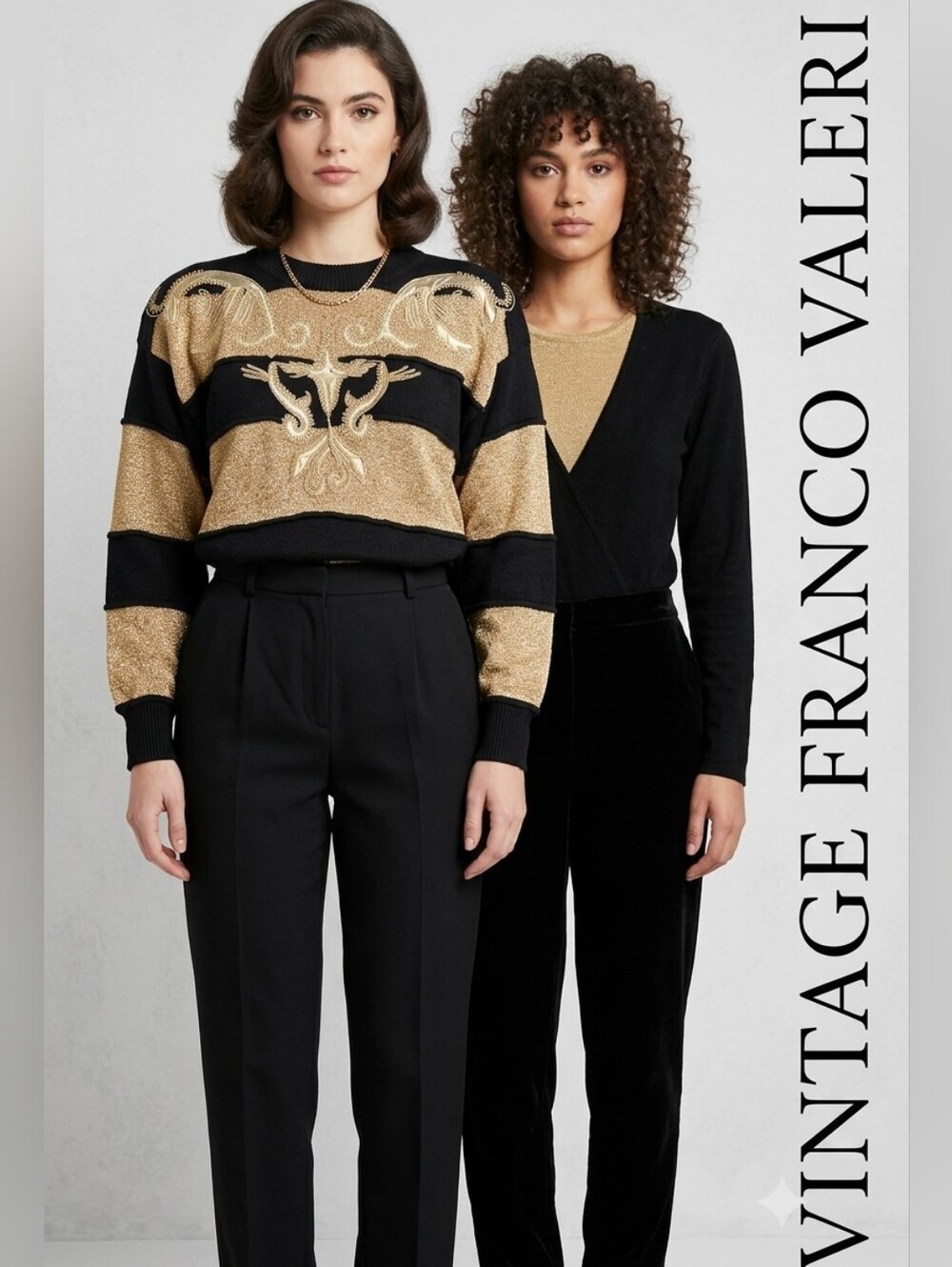 Vintage Franco Valeri 🖤💛Black & Gold Crew Sweater Ptp 23